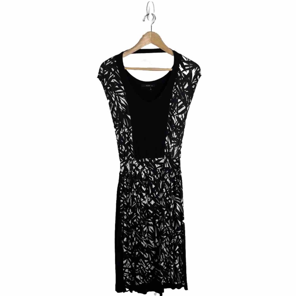ETRO Dress 40 Black White Print Jersey Knit Pleated Open Cut Out Back